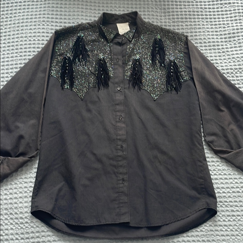 Vintage Black Western Shirt with Fringe and Hand painted Glitter